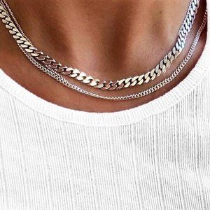 925 Sterling Silver Curb Chains, Set of 2 Layering Chains Stamped 925 ITALY